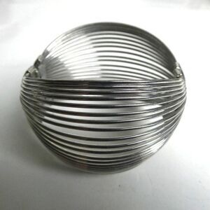 Silver Tone Wide Chunky Wire Hinged Clamper Bangle Bracelet Caged Modern